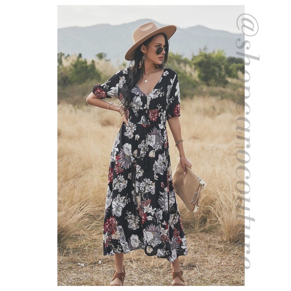 Short Sleeve Floral Midi Dress - BLACK